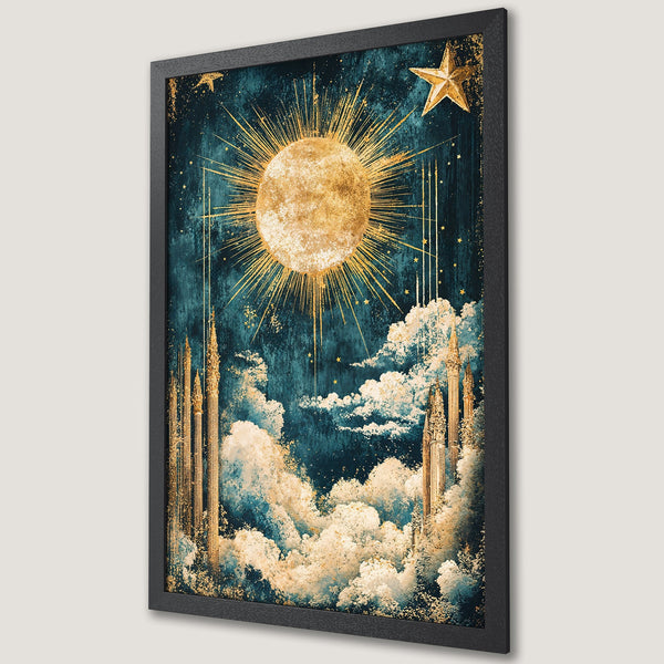 Framed Poster featuring a celestial sun and golden stars in a mystical style with a teal and gold color palette. Perfect wall art!