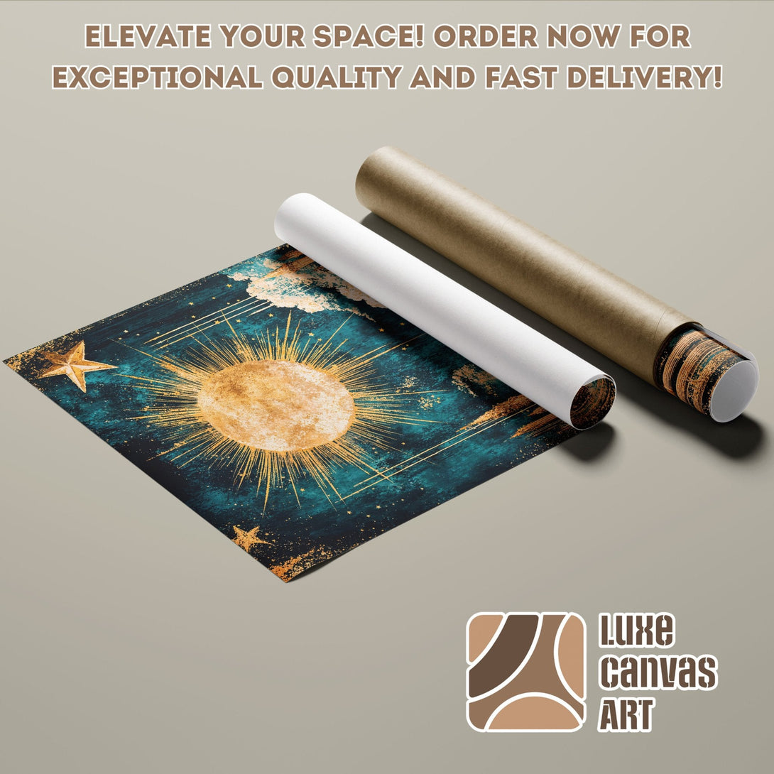 Poster Roll featuring celestial art in teal and gold. Elevate your space with this stunning artwork!