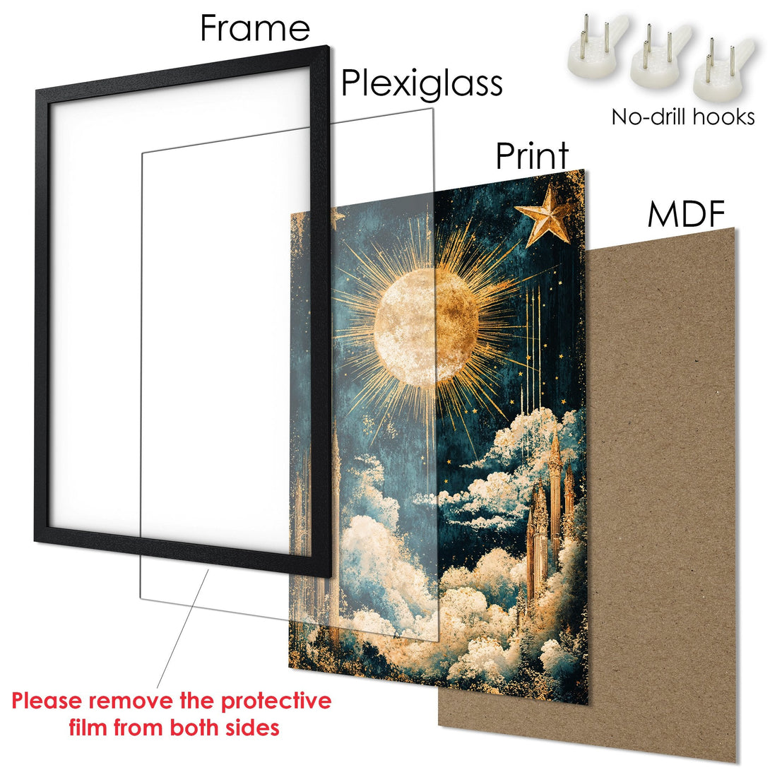 Framed Poster with celestial art. Features a sun, clouds, and a star in a teal and gold color palette. Perfect wall decor!