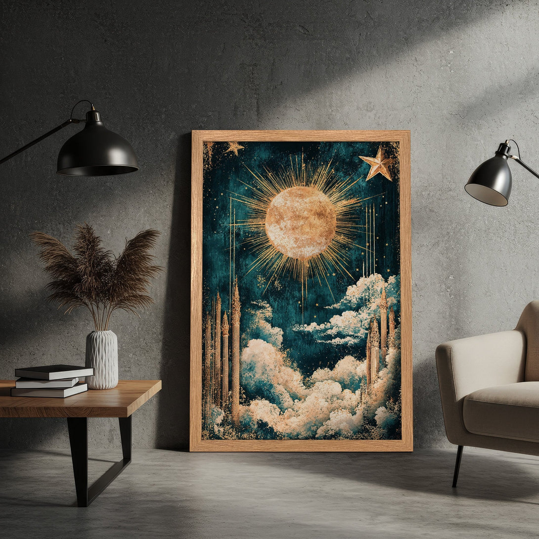 Framed Poster featuring a celestial design with a sun and clouds, in teal and gold tones. Perfect wall art!