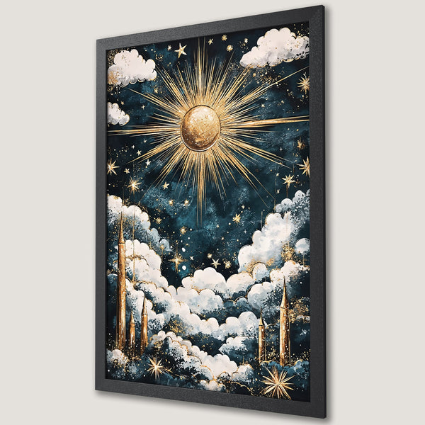Framed Poster featuring a celestial scene with sun, clouds, and stars in a dreamy, watercolor style. Dark teal and gold color palette.