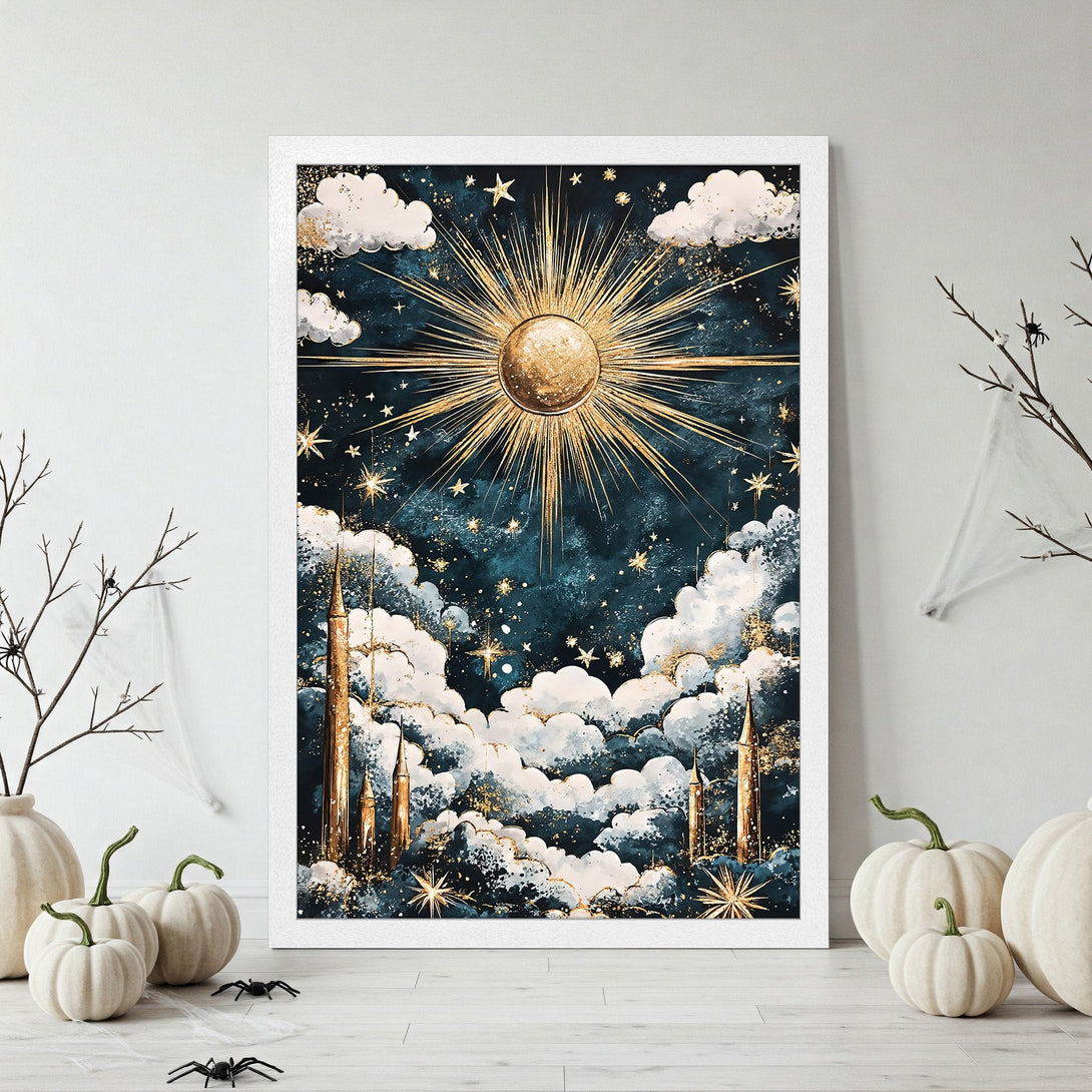Framed Poster featuring a celestial sun and stars design in a watercolor style with a teal and gold color palette. Perfect wall art!