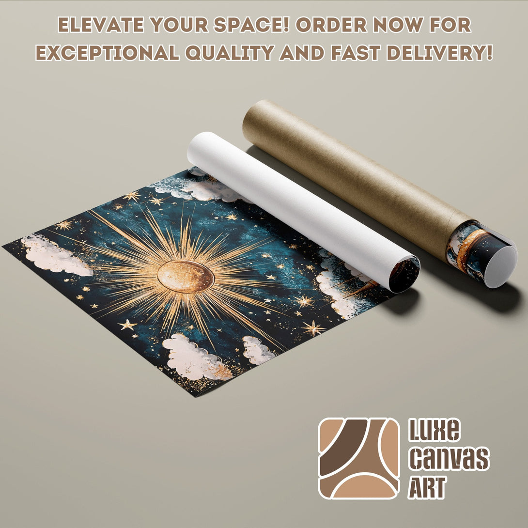 Poster Roll featuring a celestial sun design in teal and gold. Elevate your space with this stunning art!