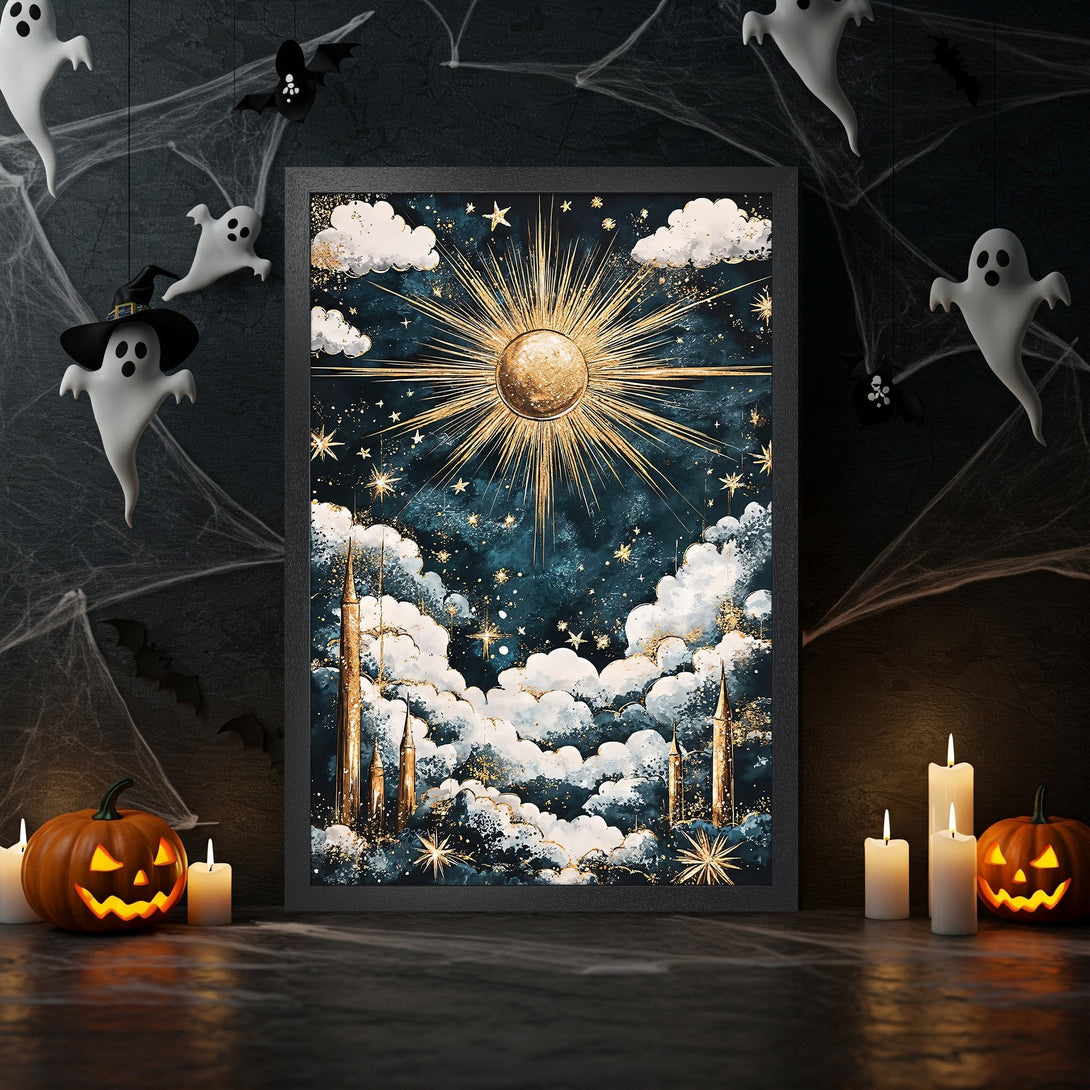 Framed Poster featuring a celestial design with gold accents, set against a teal and navy color palette. Perfect Halloween decor!