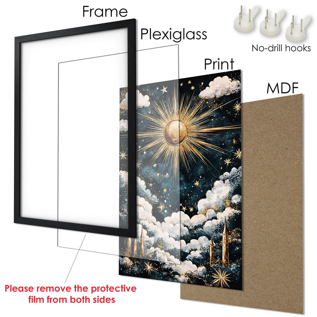 Framed Poster art print featuring a celestial design with gold accents on a dark blue background. Perfect wall decor!
