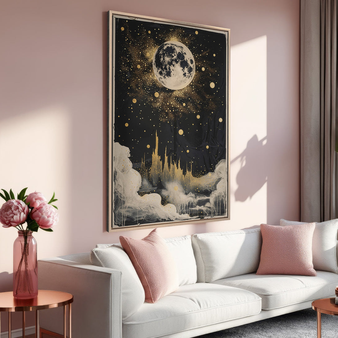 Framed Wall Art featuring a celestial moon and castle design in black, gold, and white tones. Perfect for adding a touch of magic to your home decor!