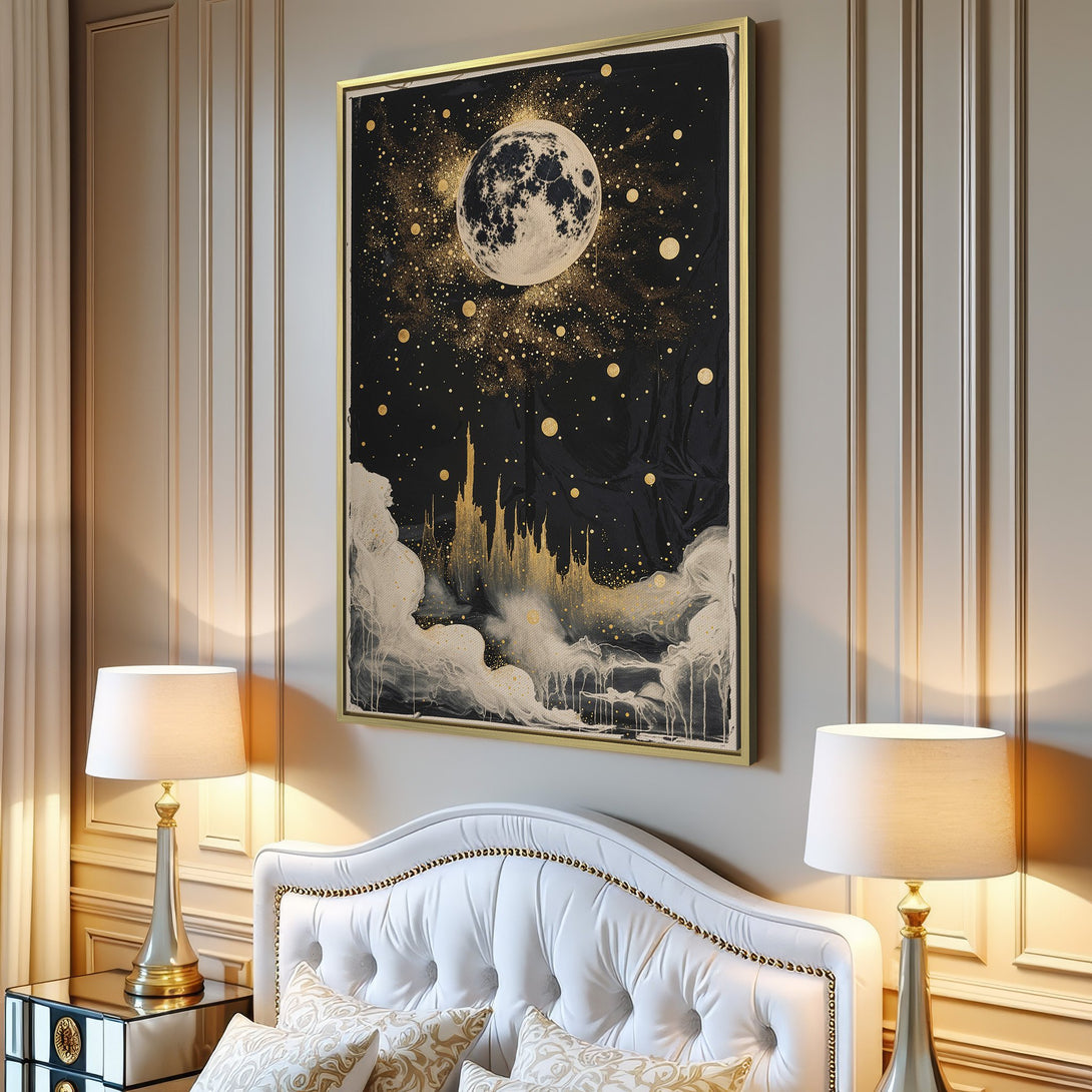 Canvas Print featuring a celestial night sky with a moon and gold accents. Modern art with a black, gold, and white color palette, perfect for home decor.