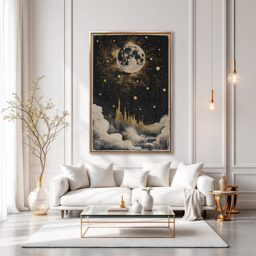 Framed Wall Art: Celestial moon and stars art print in gold and black, adding a touch of elegance to any interior. Perfect for modern decor.