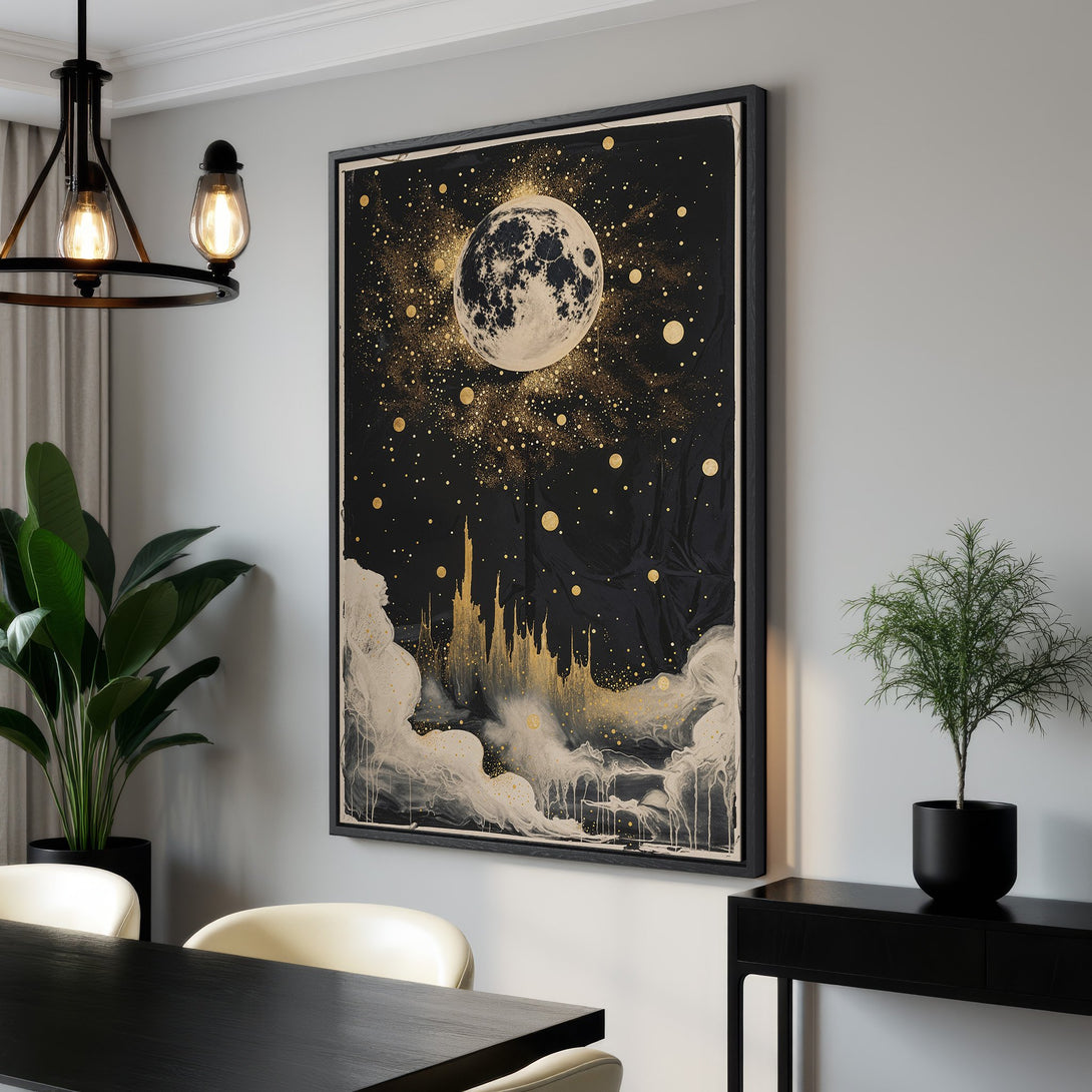 Framed Wall Art: Stunning moon and stars canvas print in black and gold. Modern art for your home. Shop now for celestial decor!