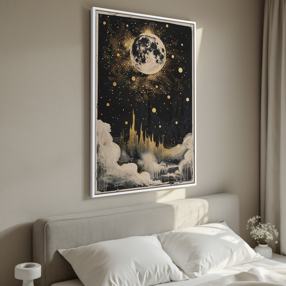 Framed Wall Art: Celestial moon and castle art print in black, gold, and white. Perfect for a bedroom, this stunning canvas print adds a touch of magic!