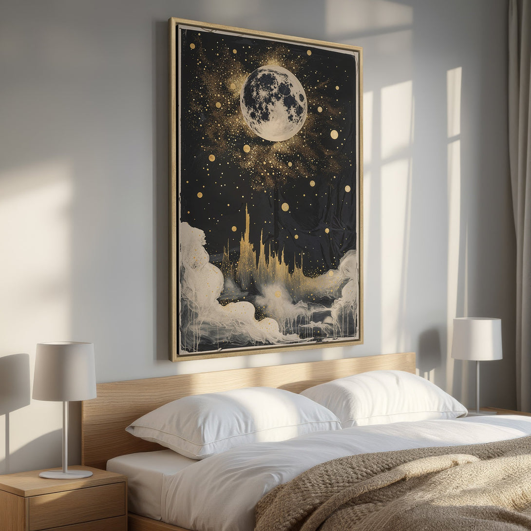 Framed Wall Art: Celestial moon and castle art print in black and gold, perfect for bedroom decor. Modern style with a dreamy color palette.
