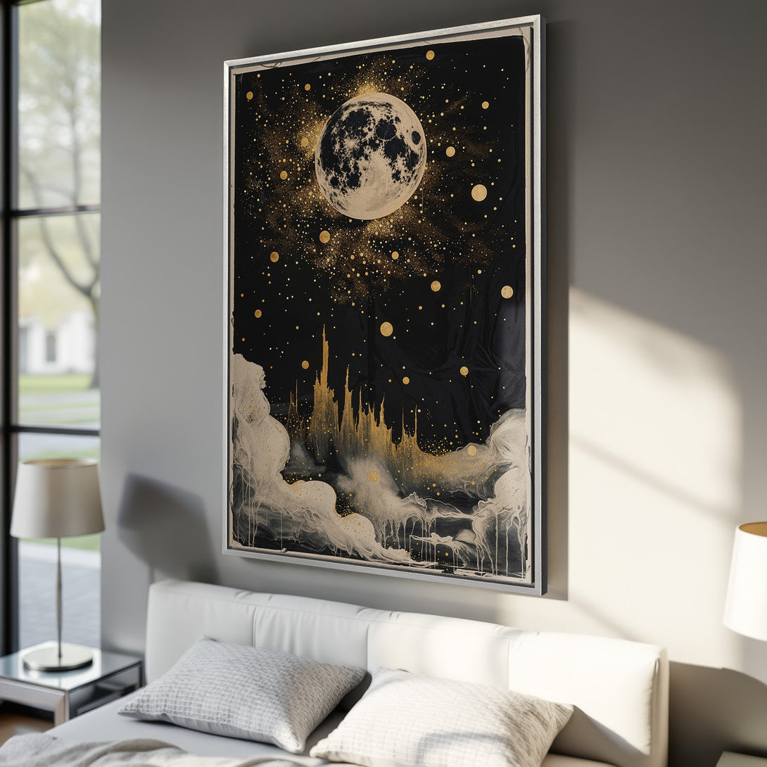 Framed Wall Art: Stunning moon and stars canvas print in black, gold, and white. Perfect for adding celestial elegance to your bedroom decor. Shop now!