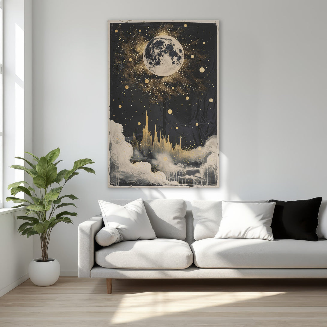 Framed Wall Art: Celestial moon and castle art print in gold and black. Elegant, modern canvas art for bedroom decor.