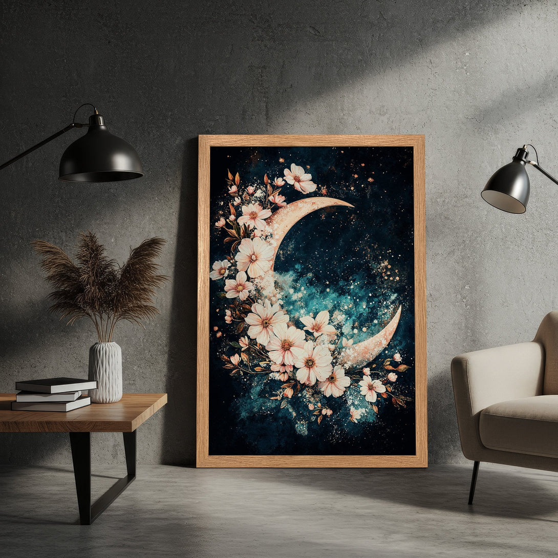 Framed Poster featuring a floral moon design in watercolor style with a dark teal and blush color palette. Perfect wall art.