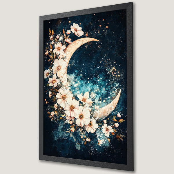 Framed Poster featuring a watercolor moon & floral design. Dark blue & cream color palette, perfect for adding a touch of elegance to your space.