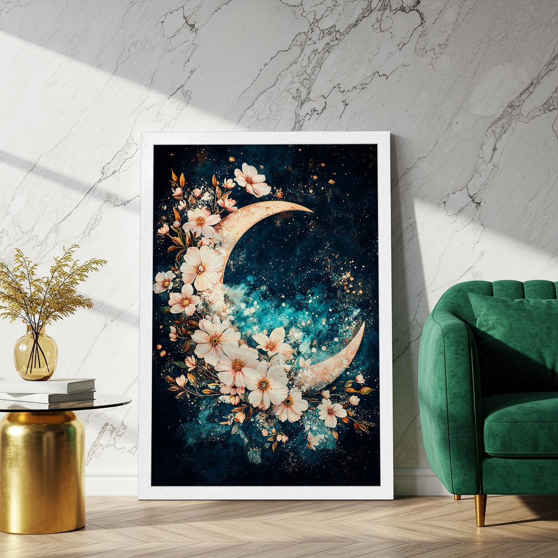 Framed Poster featuring a watercolor moon and floral art. Dreamy style with teal, gold, and white color palette. Perfect wall decor!