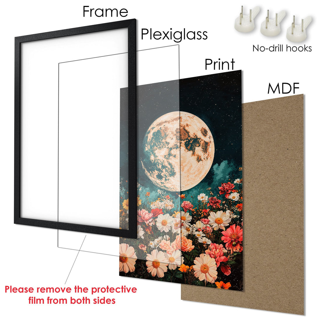 Framed Poster featuring a moon and floral design with a dark teal and warm color palette. Perfect wall art!