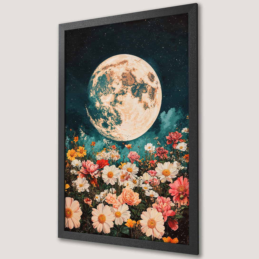 Framed Poster featuring a dreamy moon over a floral meadow. Vintage style, with a warm, celestial color palette. Perfect wall art!