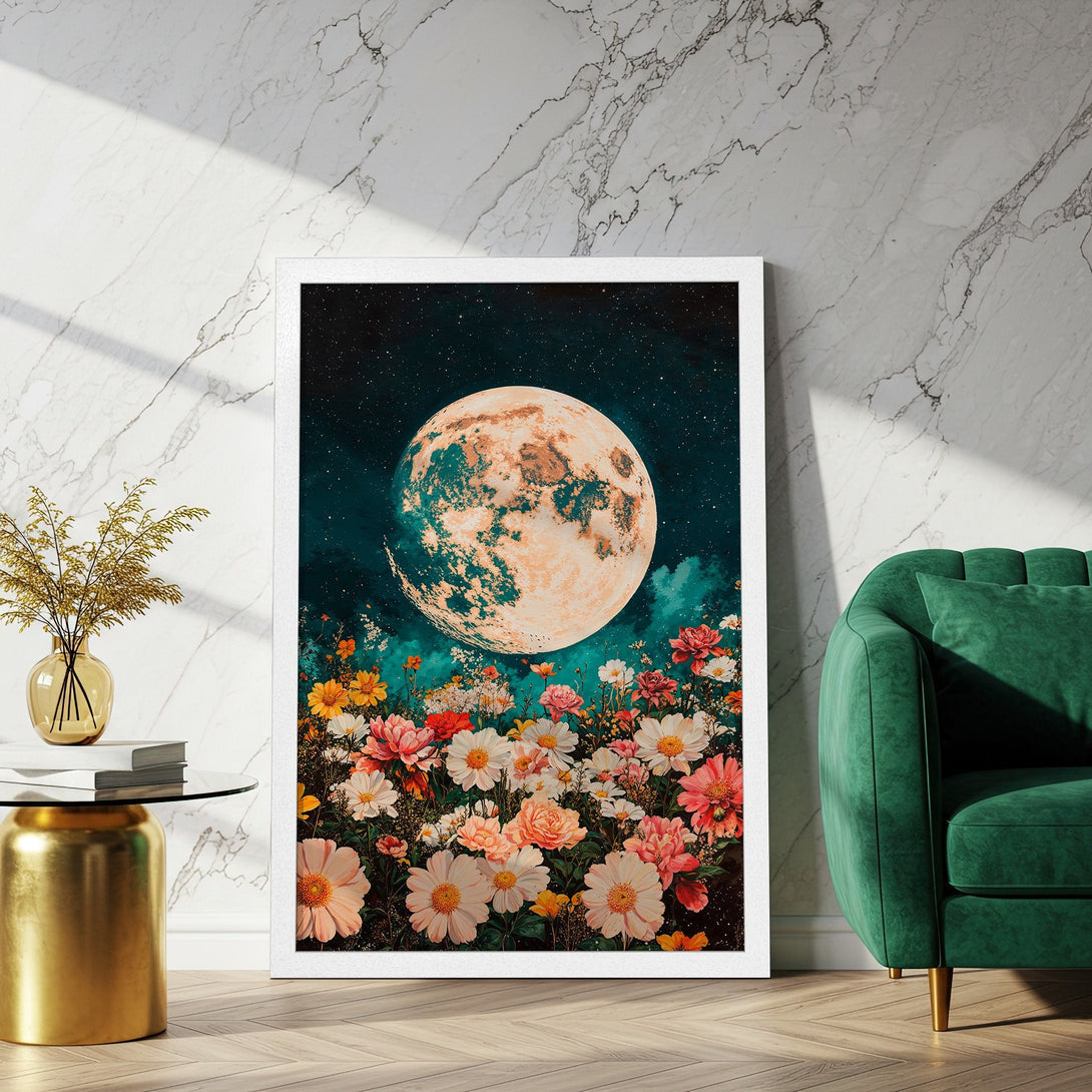 Framed Poster featuring a dreamy moon and floral scene with teal, pink, and gold tones. Bring celestial beauty to your space!
