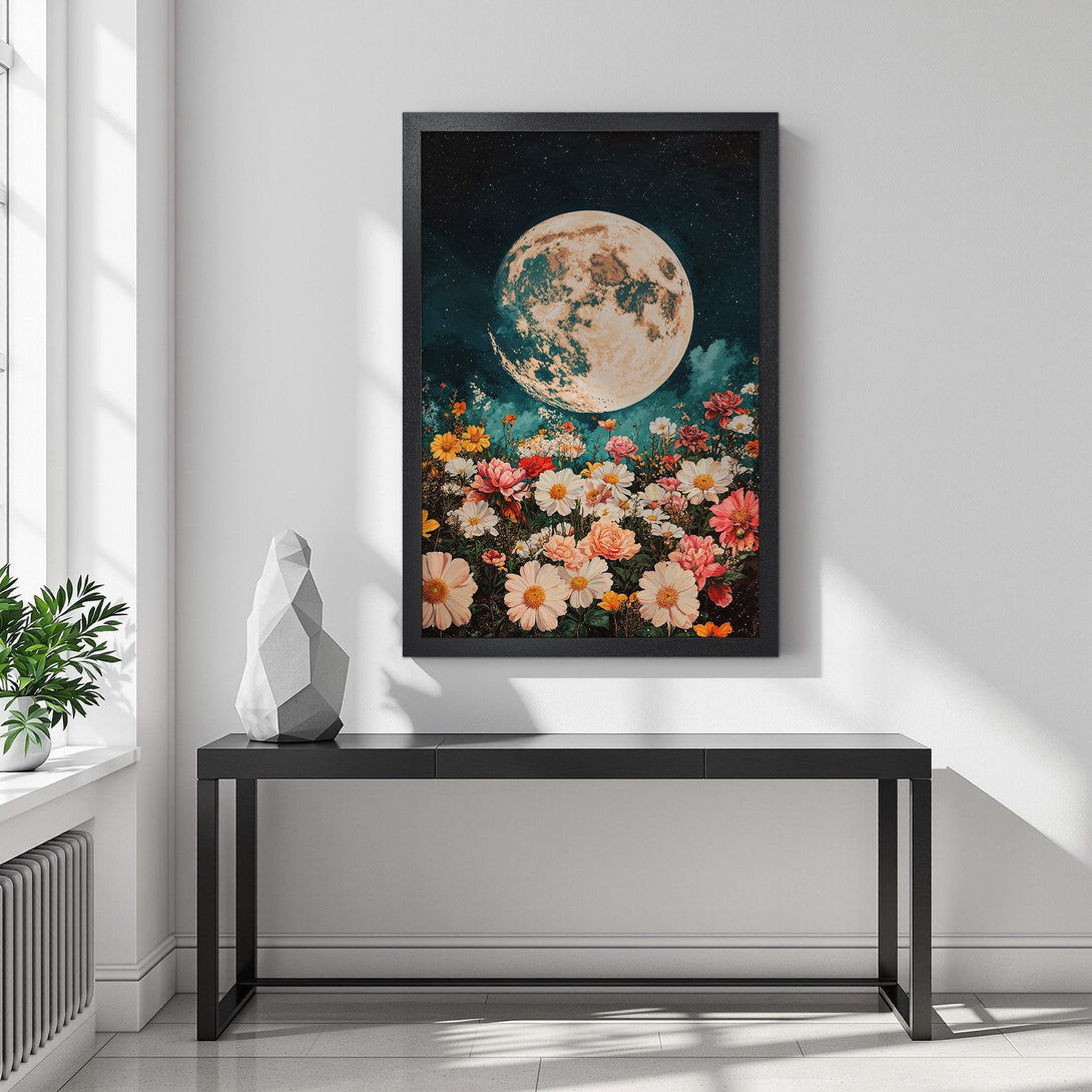 Framed Poster featuring a dreamy moon & floral scene. Artistic style with a warm, inviting color palette. Perfect wall art for any space!