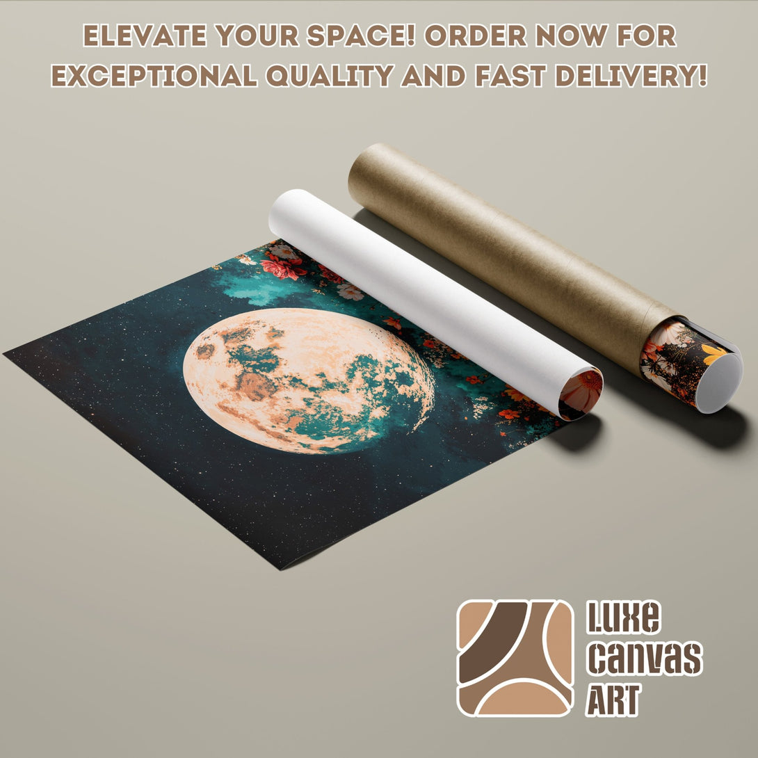 Poster Roll featuring a celestial art print with a teal and orange color palette. Perfect wall art for your home!
