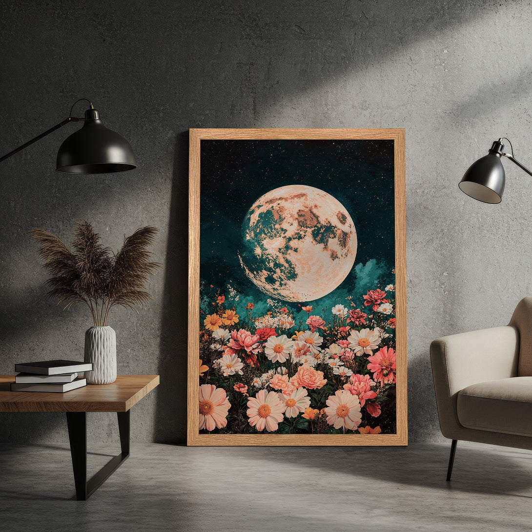 Framed Poster featuring a dreamy moon over a floral field. Soft pastel colors and a vintage aesthetic. Perfect wall art!