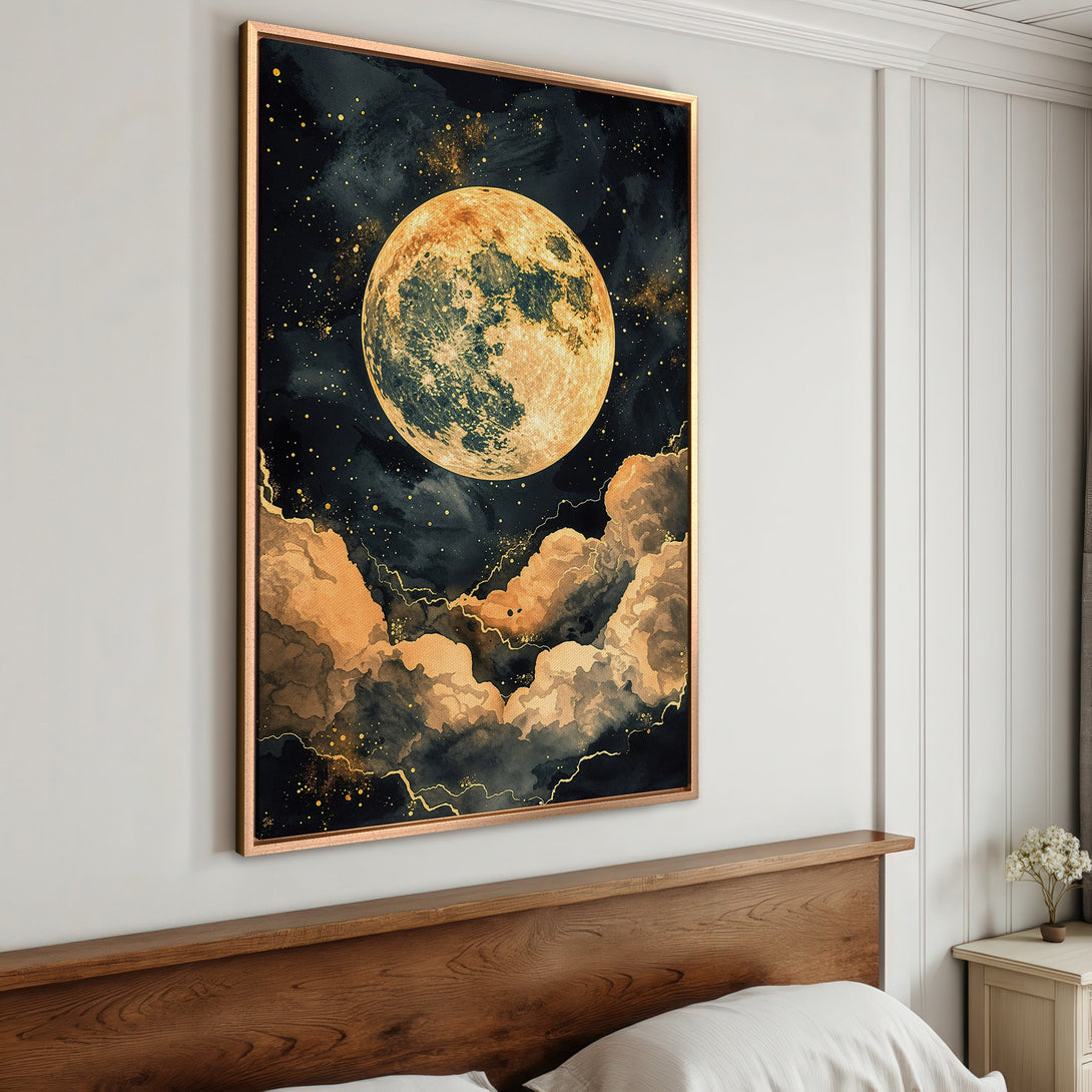 Stunning Framed Wall Art featuring a watercolor-style moon and clouds in a dark, gold and black palette. Perfect for adding celestial charm to any room.