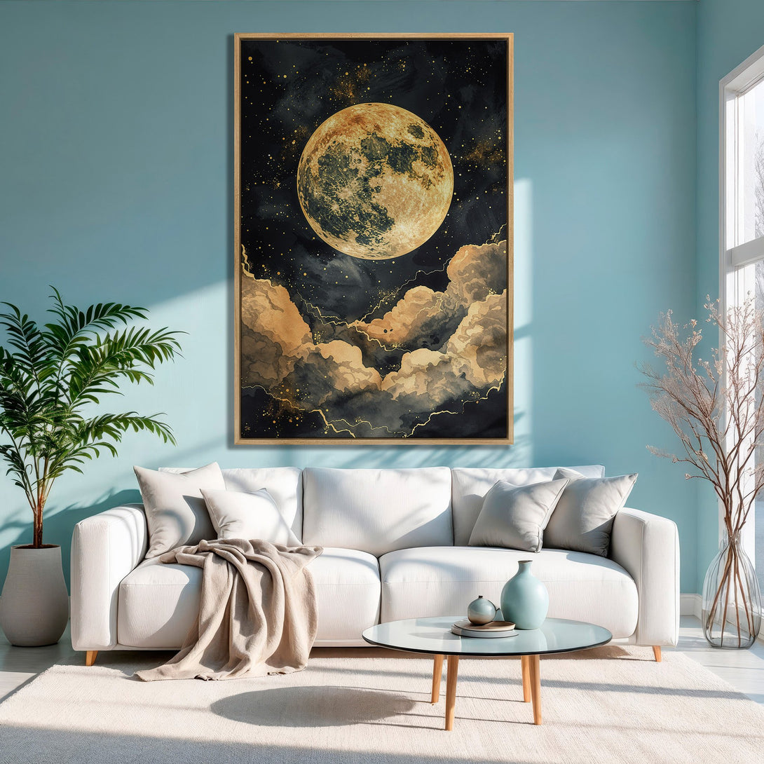 Framed Wall Art: Celestial moon art print in gold, black, and beige. Modern canvas print adds a touch of elegance to any living room decor.