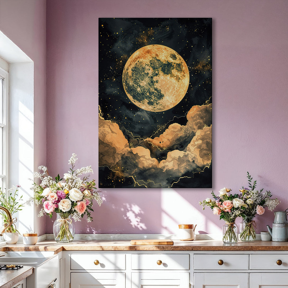 Framed Wall Art of a celestial moon and cloudscape in a modern style. Features a dark, gold, and neutral color palette for a sophisticated touch.