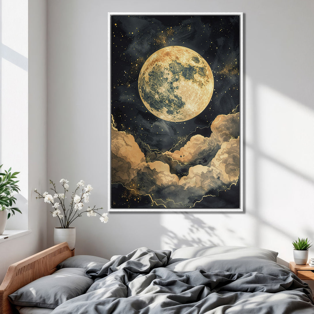 Framed Wall Art: Moon and cloud art print in a bedroom. Watercolor style with gold and black tones. Enhance your space with this celestial canvas.