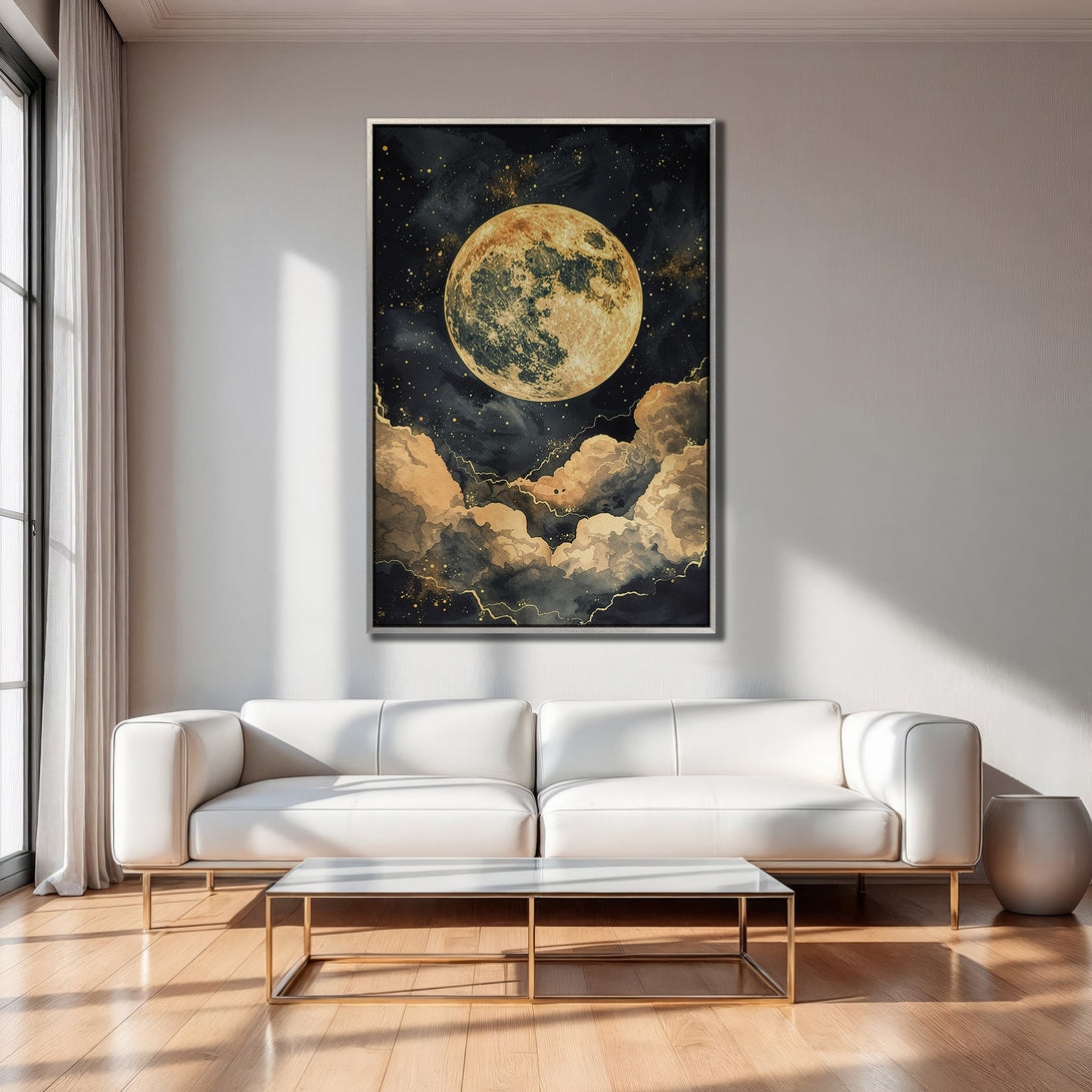 Framed Wall Art: Celestial moon and cloudscape art print in gold and black. Modern art for living room decor.