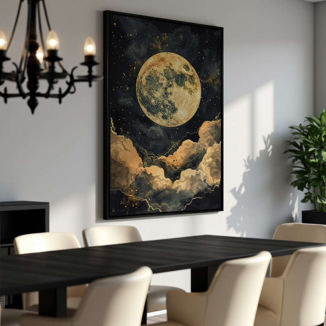 Framed Wall Art: Stunning moon and cloud art print in black, gold, and beige. Perfect for modern home decor. Elevate your space with this celestial canvas print.