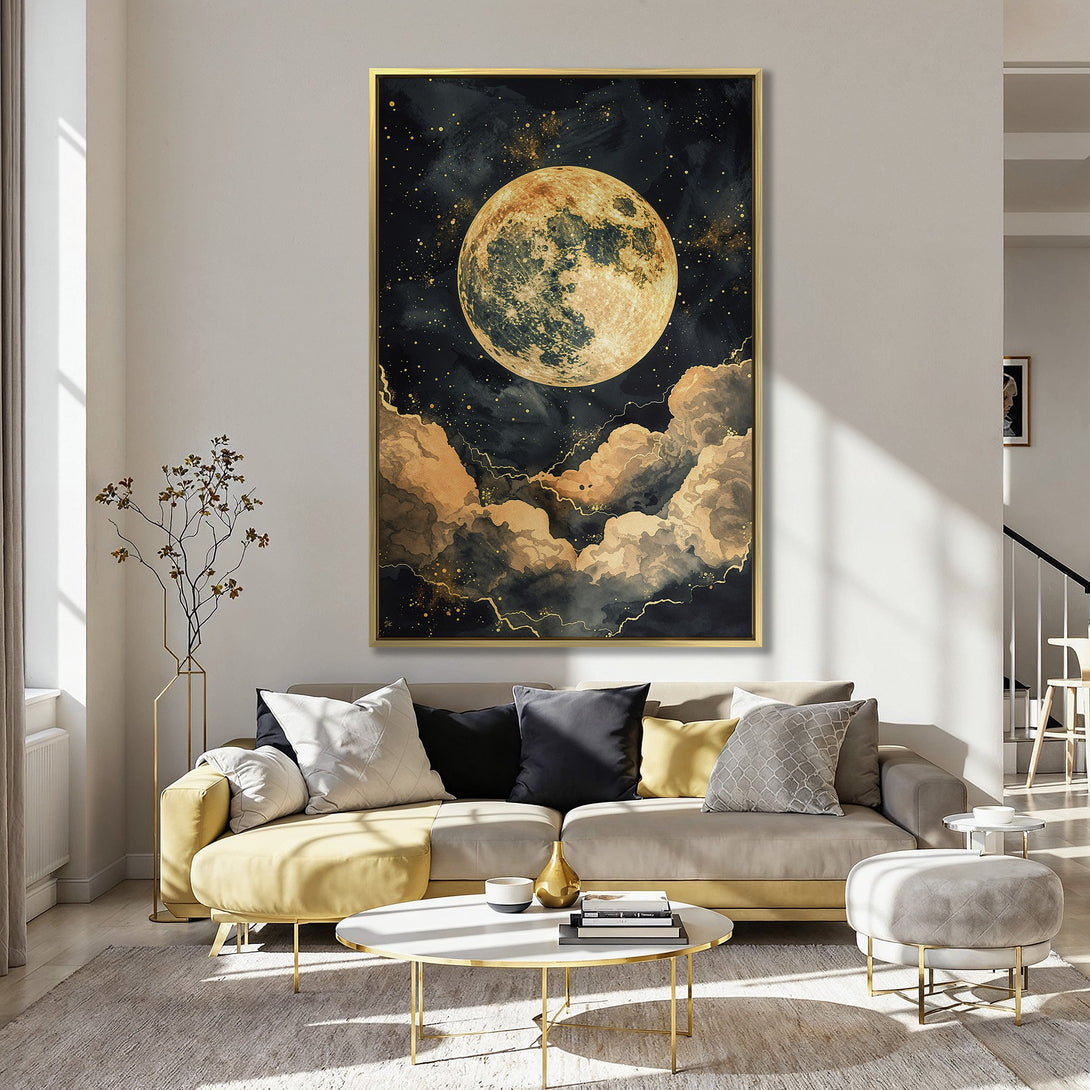 Canvas Print: Abstract moon art in gold and black. Modern wall decor with a celestial theme, perfect for adding a touch of elegance to any room.