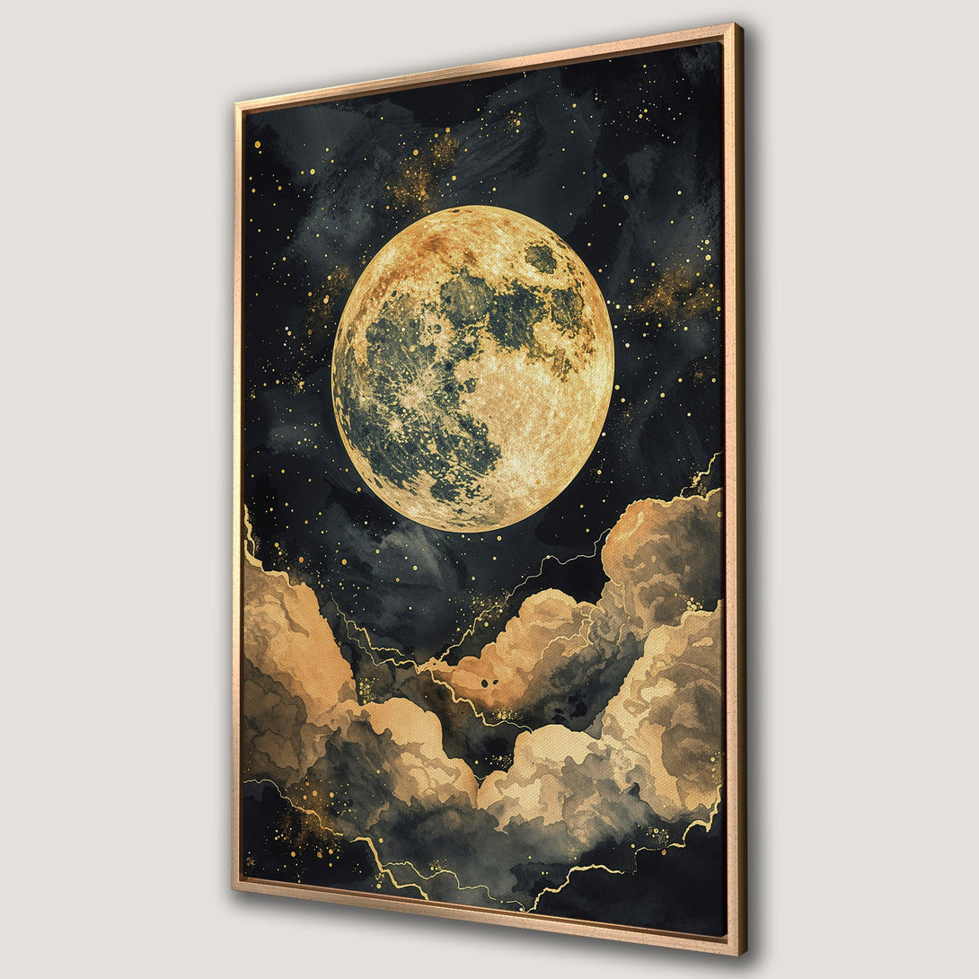Framed Wall Art: Abstract moon and cloud canvas print in gold and black. Celestial art perfect for modern home decor.
