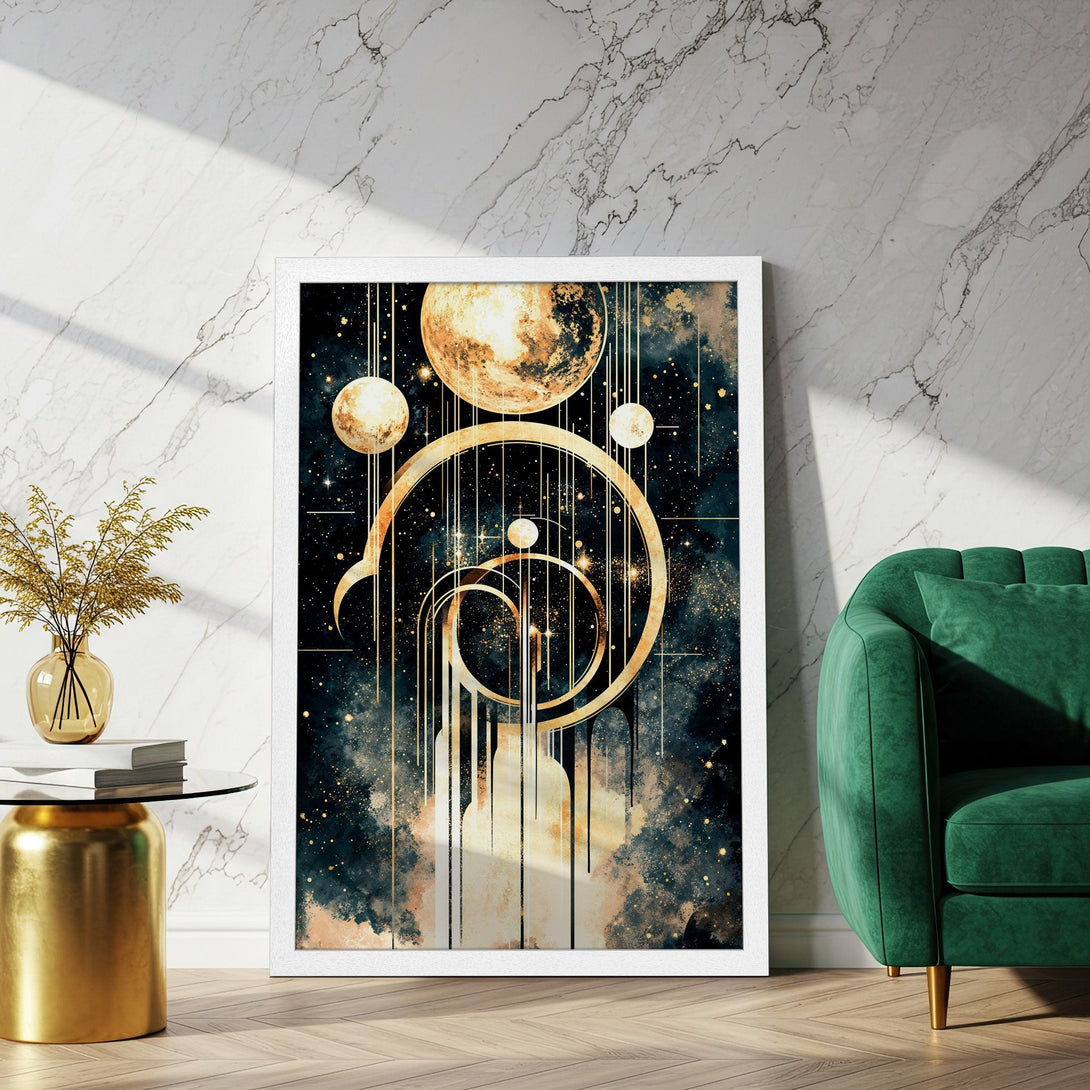 Framed Poster featuring an abstract celestial design in gold, navy, and beige tones. Perfect wall art for modern decor.