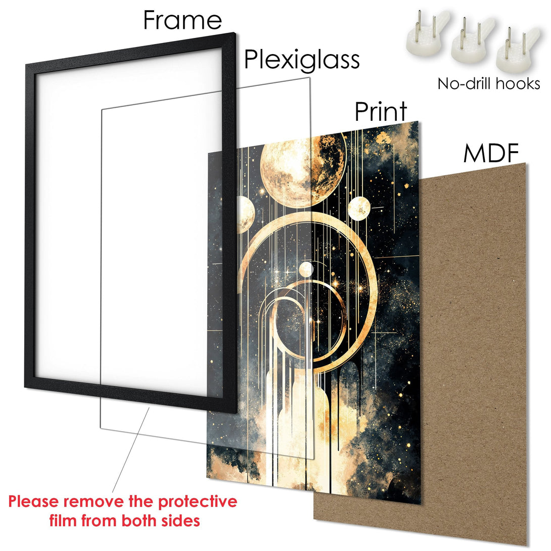 Framed Poster featuring a celestial art deco design in a black and gold color palette. Ready to hang!