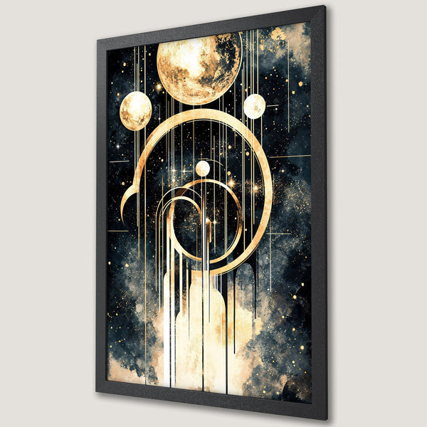 Framed Poster featuring a celestial design with planets, gold accents, and a dark blue/gold color palette. Perfect wall art!