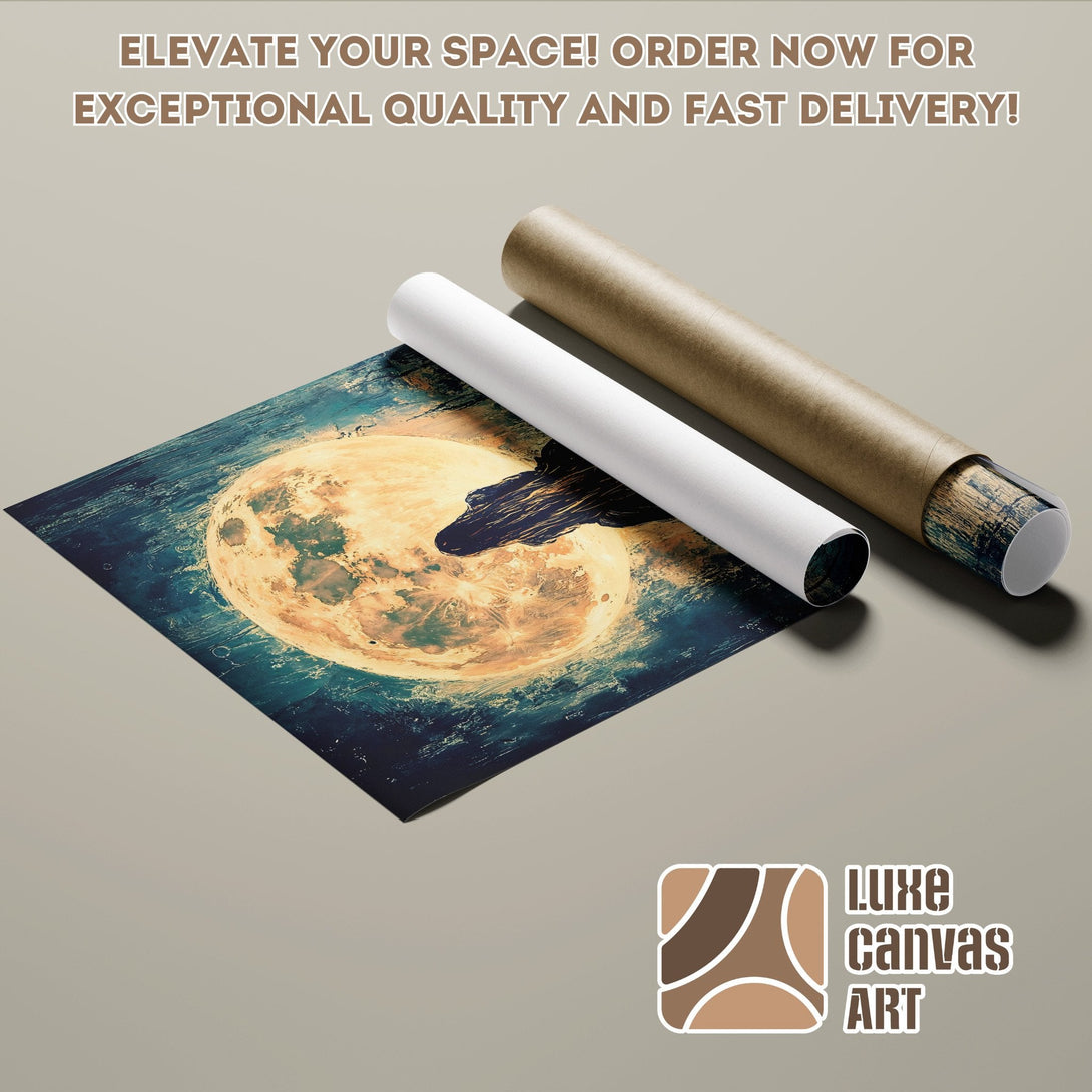 Poster Roll featuring a moonlit scene in a dark blue and gold color palette. Elevate your space with Luxe Canvas Art!