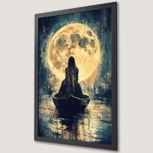 Framed Poster featuring a woman in a boat before a moon, in an impressionistic style with a dark blue and gold color palette. Perfect wall art!