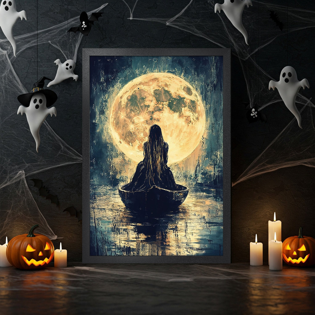 Framed Poster featuring a spooky scene with a woman in a boat under a full moon, dark blue & yellow palette. Perfect Halloween decor!