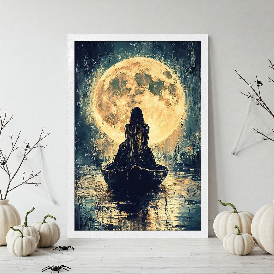 Framed Poster featuring a woman in a boat under a full moon. Dark, moody art in a teal and gold color palette. Perfect Halloween decor.