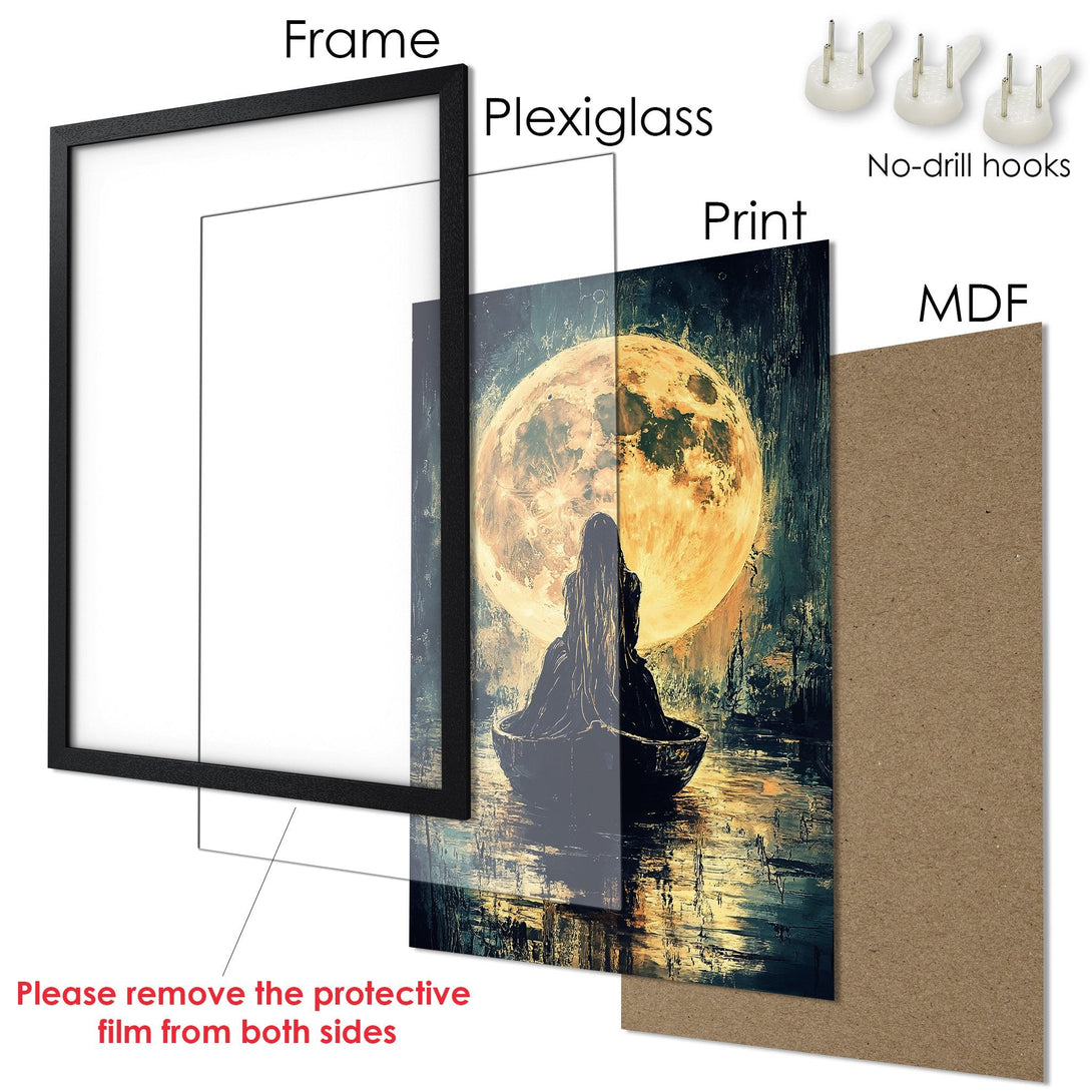 Framed Poster featuring a mystical moonlit scene. Dark, moody art with a warm, golden color palette. Perfect wall decor!