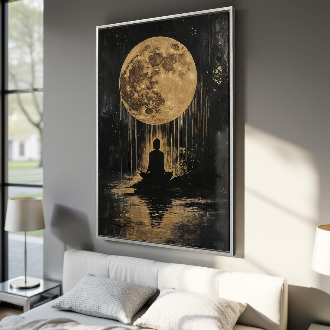 Framed Wall Art: Abstract moon meditation art print in black, gold, and neutral tones. Modern wall decor for bedroom or living room.