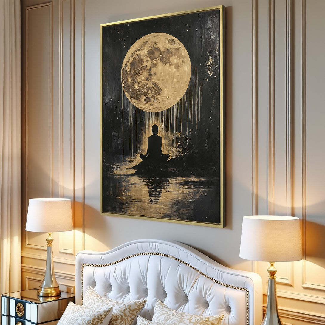 Canvas Print of a meditating figure under a full moon. Abstract style with a black, gold, and beige color palette, perfect for modern decor.
