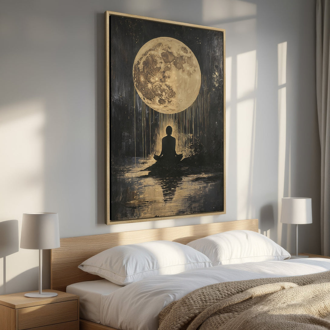 Framed Wall Art: Meditative moonlit scene in black, gold, and beige. Modern abstract art for bedroom decor. Enhance your space with this canvas print!