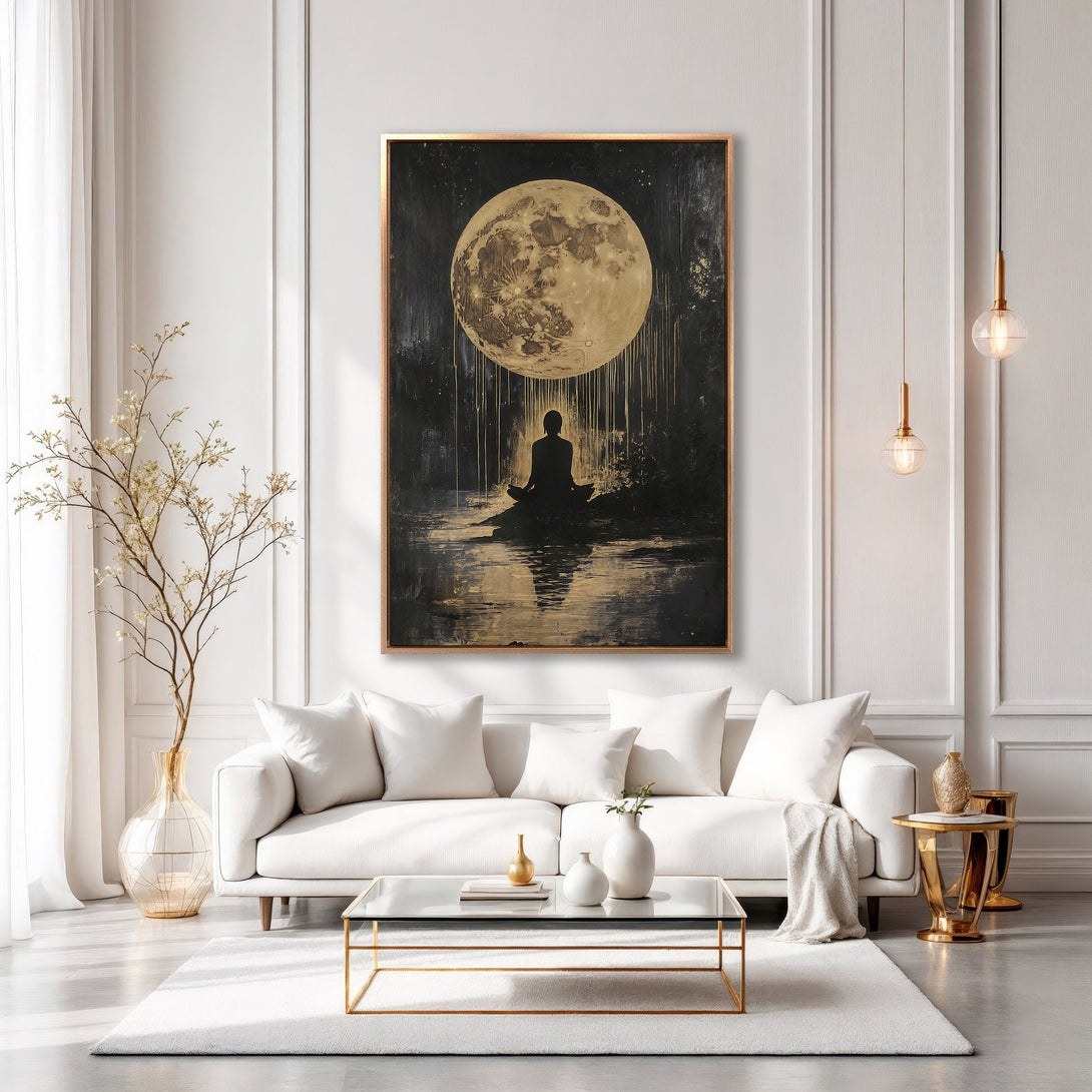 Framed Wall Art: Serene meditation scene with moon & figure. Black, gold, and white color palette. Perfect for modern home decor.