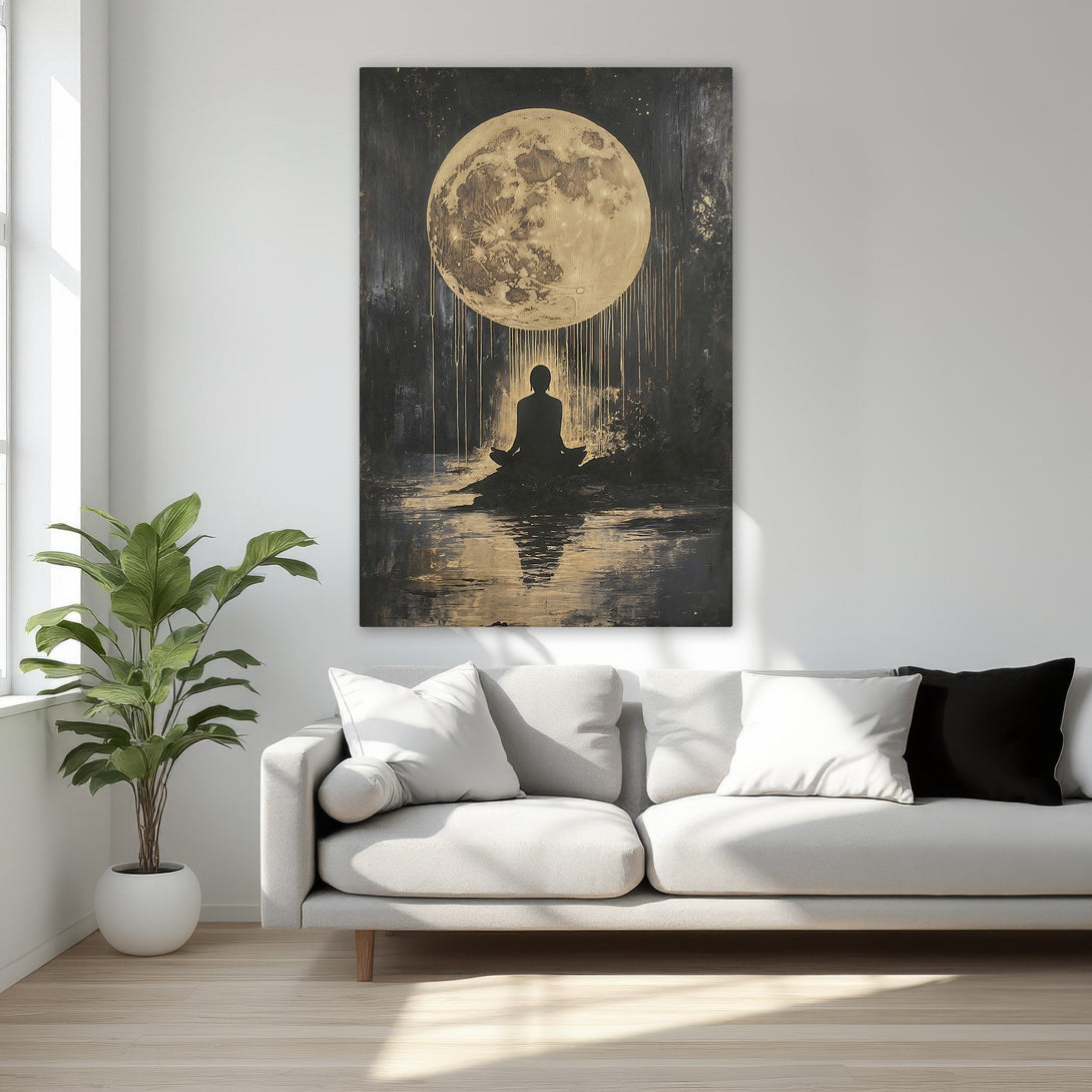 Framed Wall Art: Serene moonlit meditation scene in black and gold. Elegant canvas print adds a touch of zen to any space.