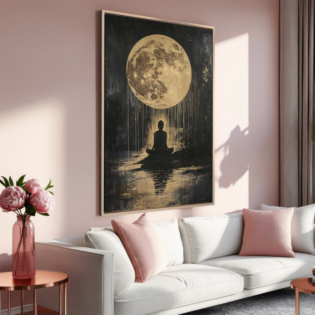 Framed Wall Art: Meditative moonlit scene in black & gold. Modern canvas print in a serene interior with blush & neutral tones. Perfect for mindful spaces.