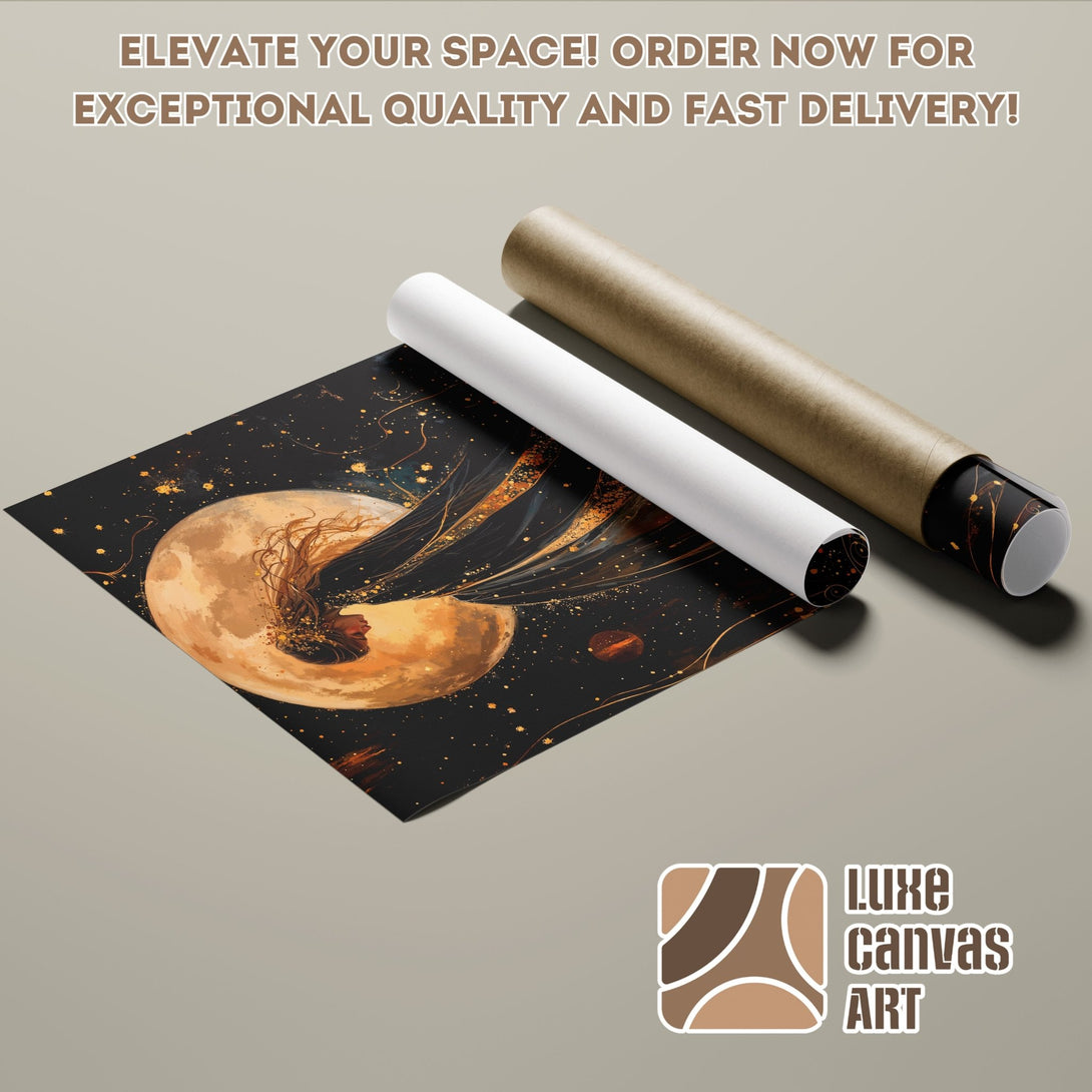 Poster Roll featuring a celestial design with a black, gold, and brown color palette. Perfect art for your space!