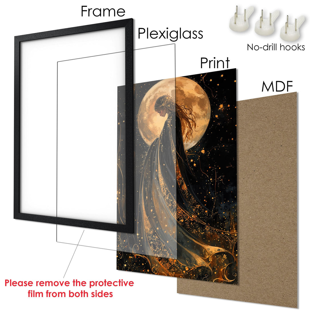 Framed Poster featuring a celestial woman, in a black frame. Artistic style, warm gold and black color palette. Perfect wall art!
